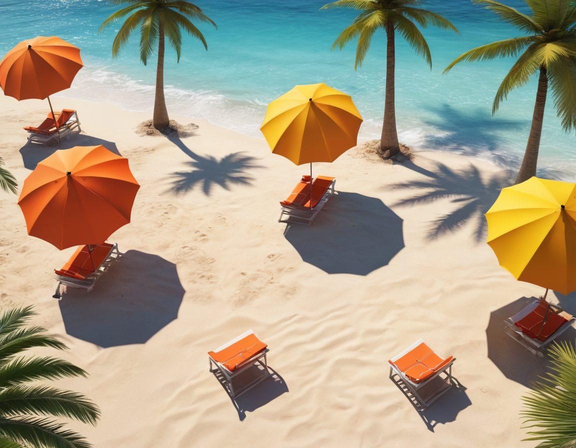 An immersive 3D environment showcasing a vibrant beach scene with models wearing trendy bikinis, surrounded by palm trees, colorful umbrellas, and crystal-clear waves. Include interactive elements like a virtual design studio where users can alter swimwear styles and colors. The atmosphere should feel summery, lively, and playful. The beach should be bathed in warm sunlight, casting realistic shadows. 3D. vibrant colors.