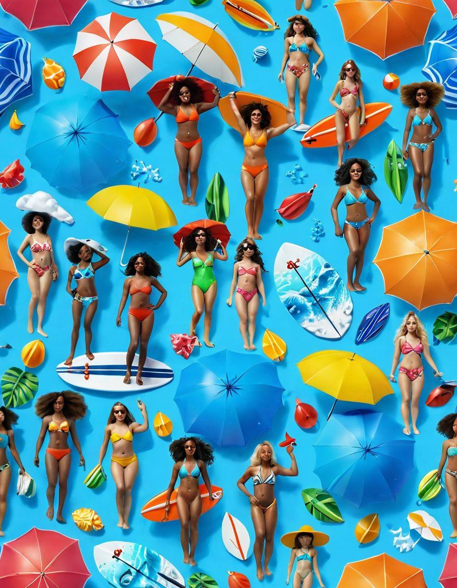 A vibrant beach scene featuring a lively group of diverse people showcasing colorful, interactive 3D swimwear in various styles. Include playful children splashing water, a sun-drenched sky with fluffy clouds, and beach accessories like umbrellas and surfboards. Emphasize the sense of fun and adventure, inviting viewers to step into the summer vibe. super-realistic. bright colors. 3D.